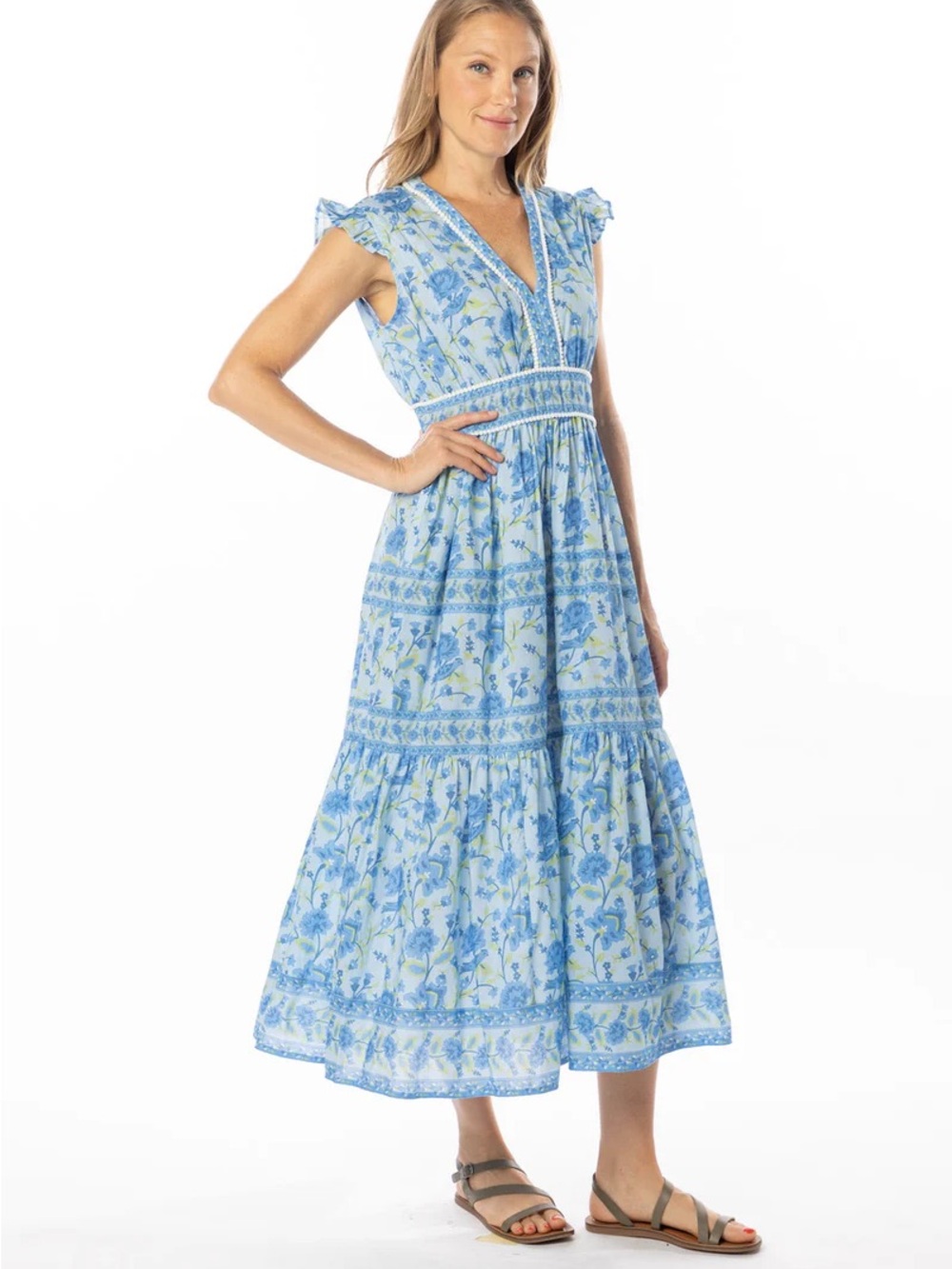 Blue Floral Midi Dress with Smocked Waist and V-Neck